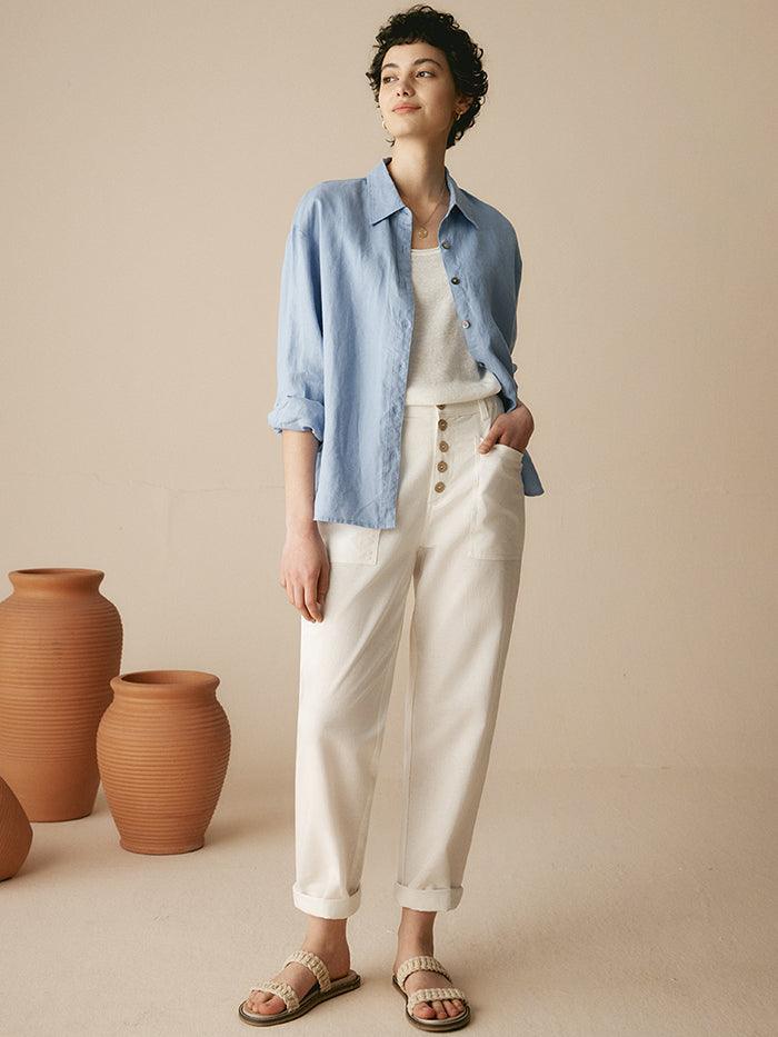 Linen Blend Patch-Pocket Straight-Leg Trousers