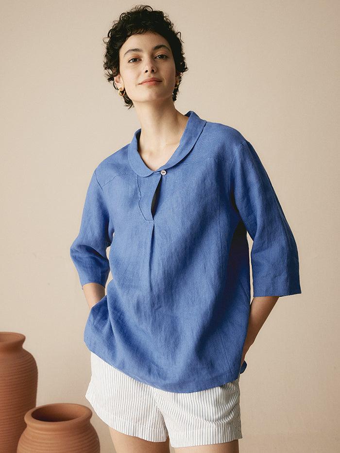 100% Linen V-Neck Three-Quarter Sleeve Blouse