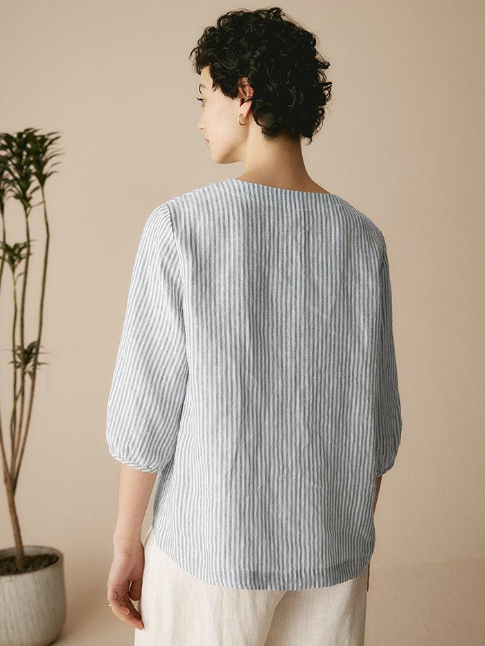 100% Linen V-Neck Top with Half Sleeves
