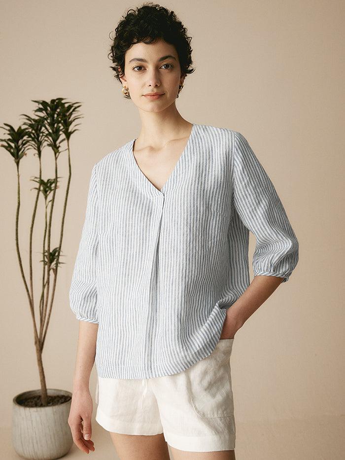 100% Linen V-Neck Top with Half Sleeves