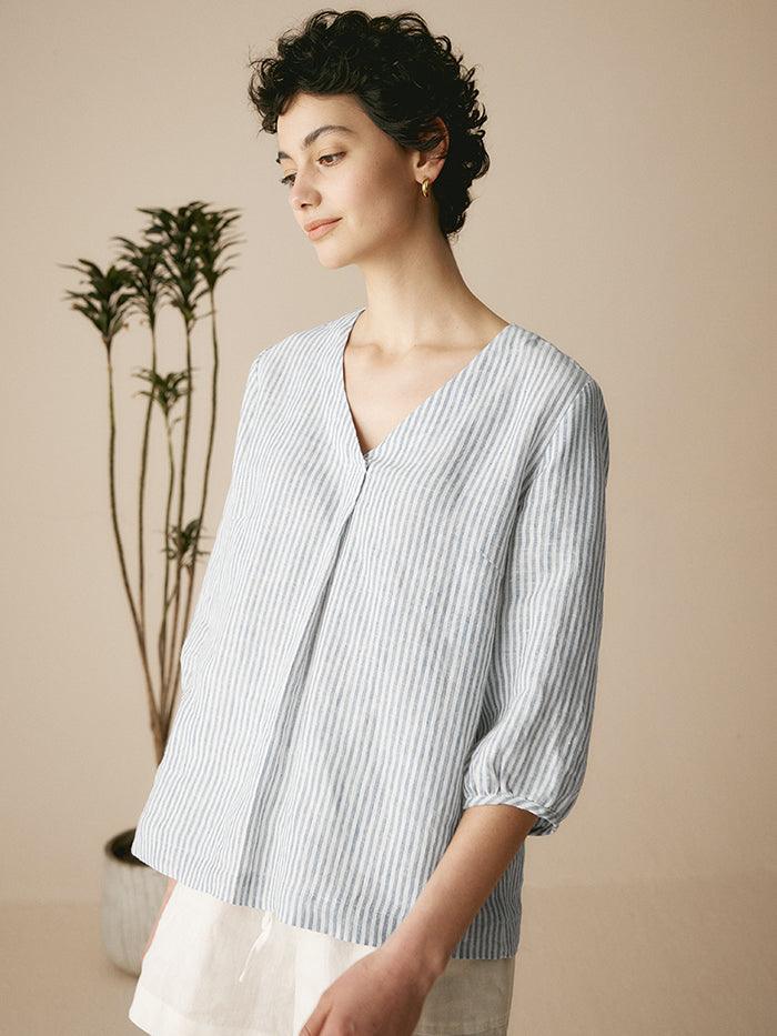100% Linen V-Neck Top with Half Sleeves