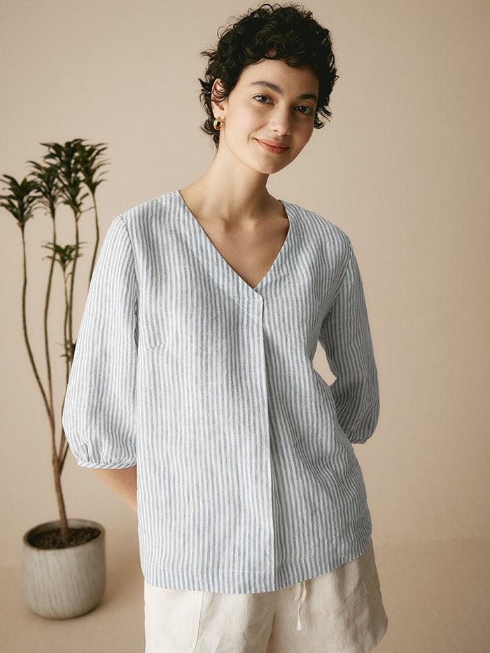 100% Linen V-Neck Top with Half Sleeves