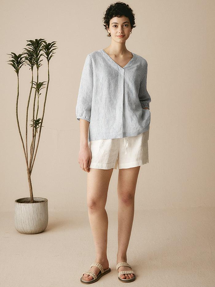100% Linen V-Neck Top with Half Sleeves