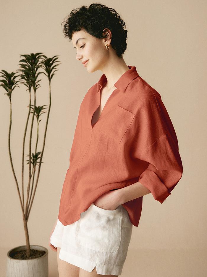 Linen Blend Relaxed Shirt Collar Shirt