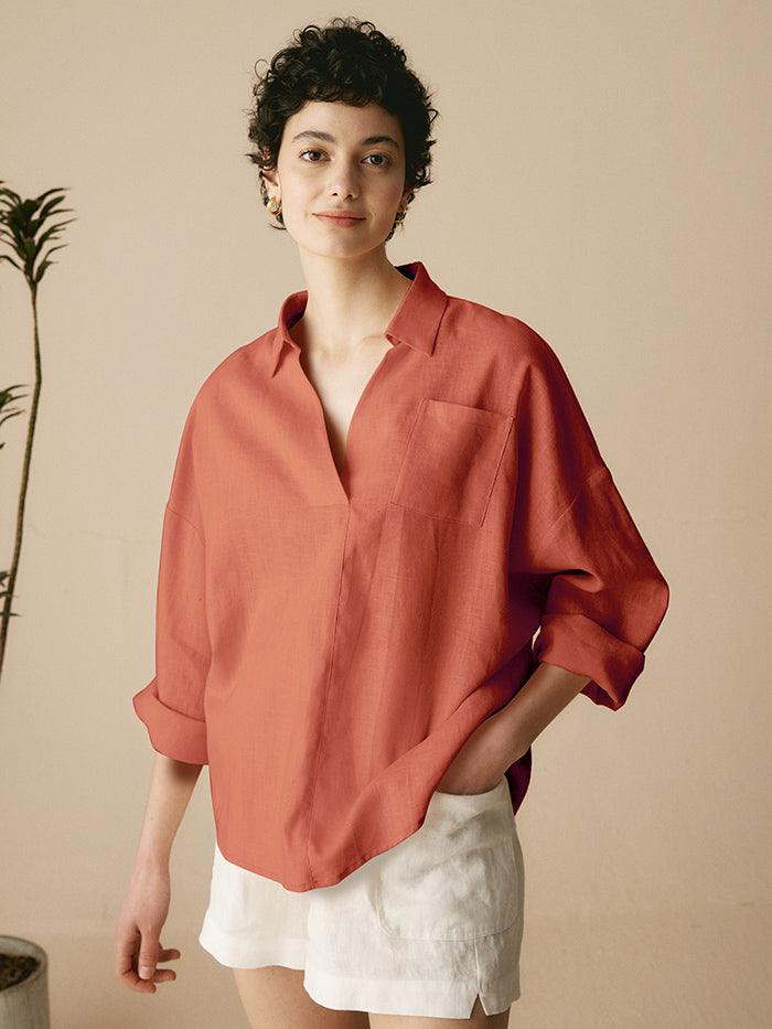 Linen Blend Relaxed Shirt Collar Shirt