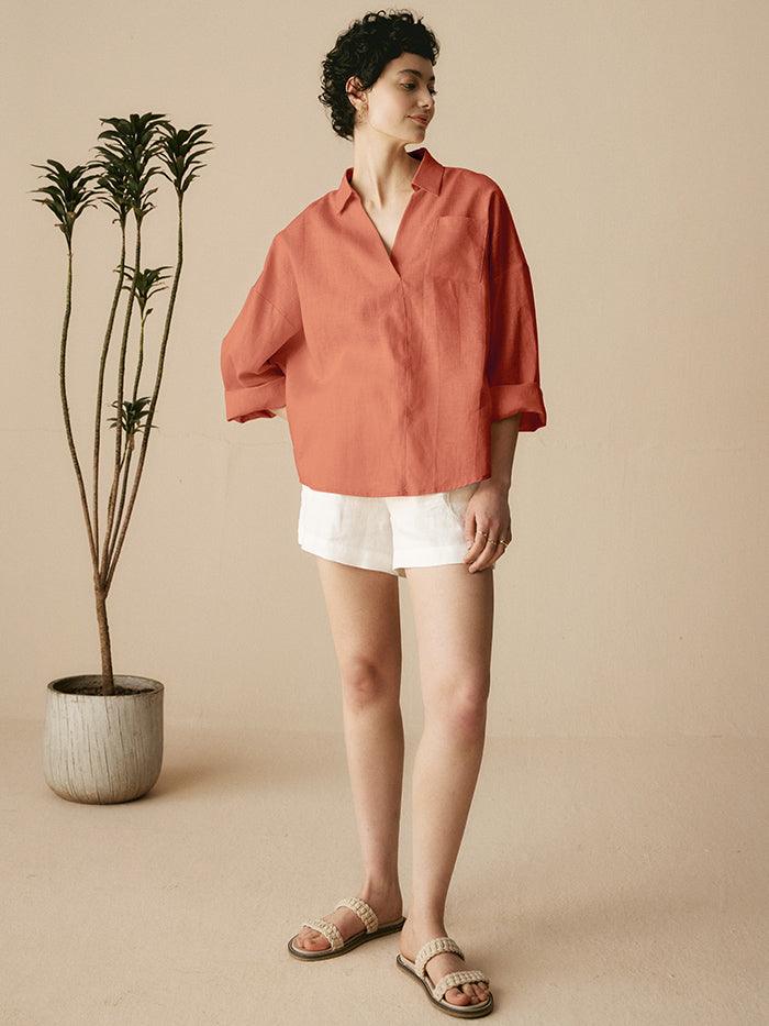 Linen Blend Relaxed Shirt Collar Shirt