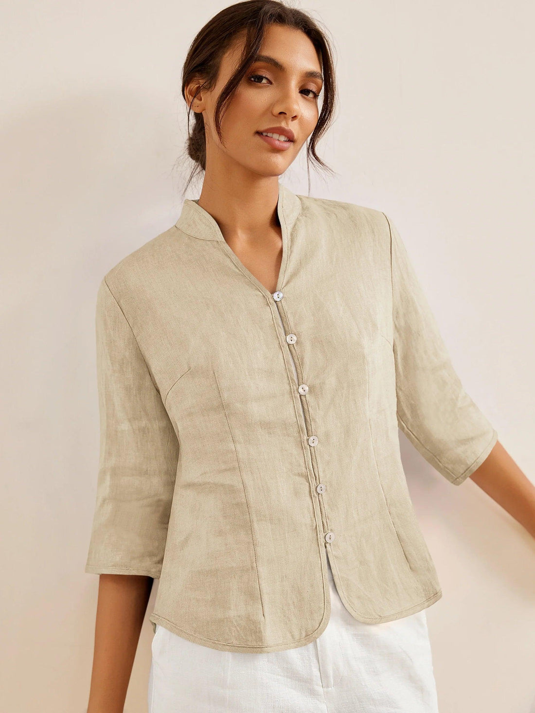 100% Linen Tailored Stand-Collar Jacket