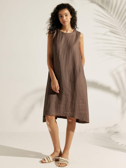 100% Linen Sleeveless Round Neck Midi Dress