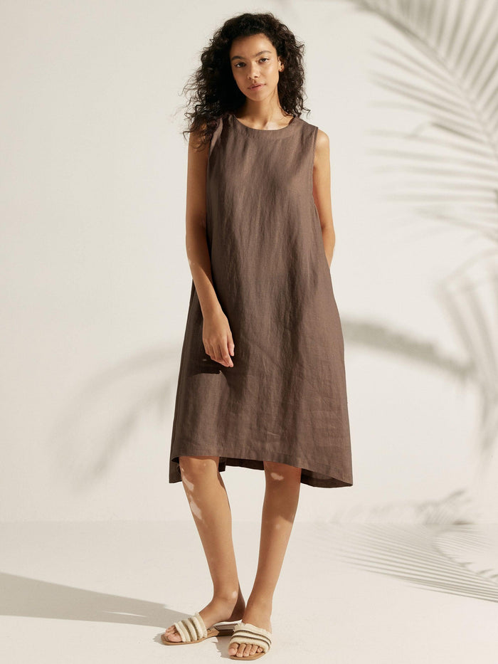 100% Linen Sleeveless Round Neck Midi Dress