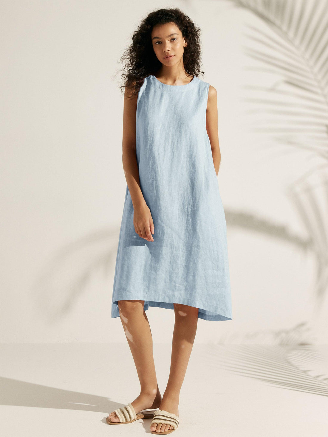 100% Linen Sleeveless Round Neck Midi Dress