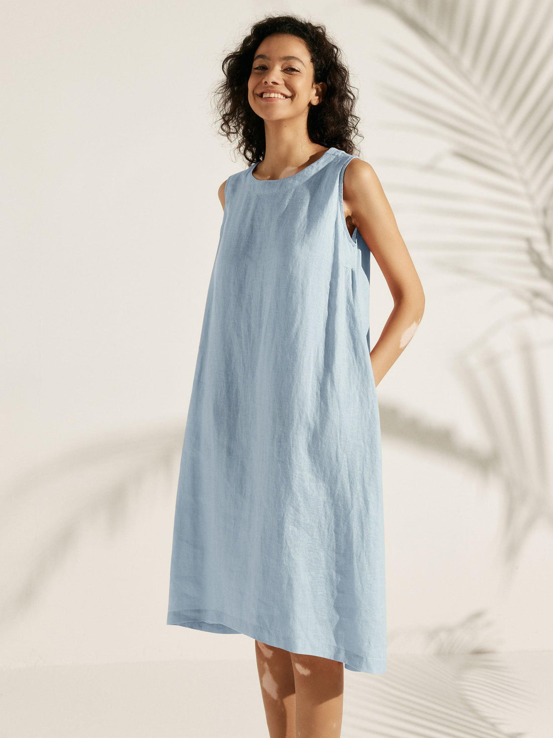 100% Linen Sleeveless Round Neck Midi Dress