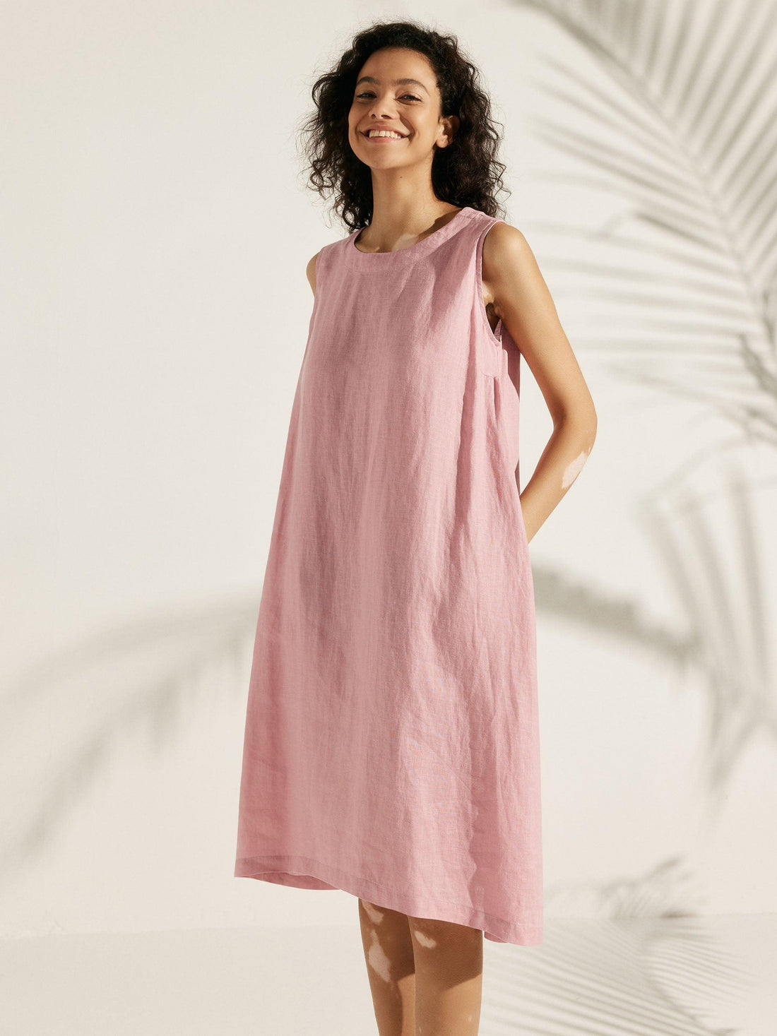 100% Linen Sleeveless Round Neck Midi Dress