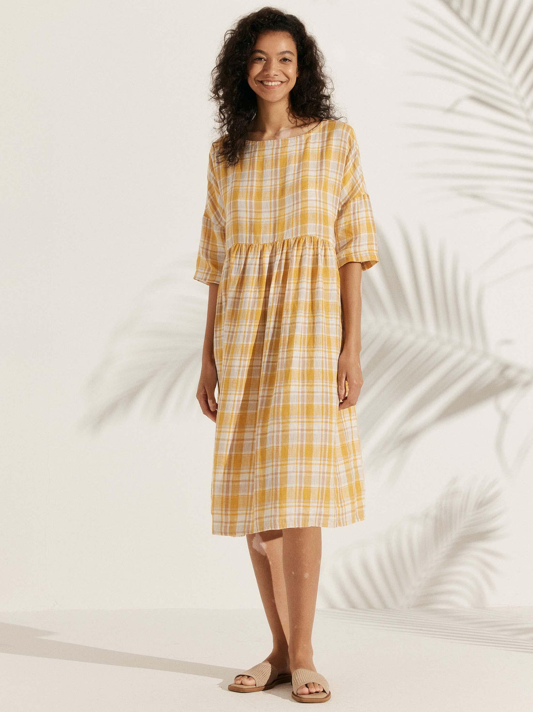 100% Linen Ruched Round-Neck Midi Dress