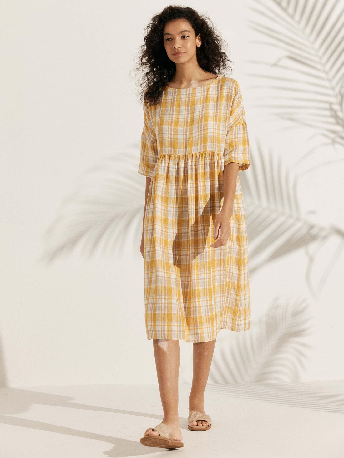 100% Linen Ruched Round-Neck Midi Dress