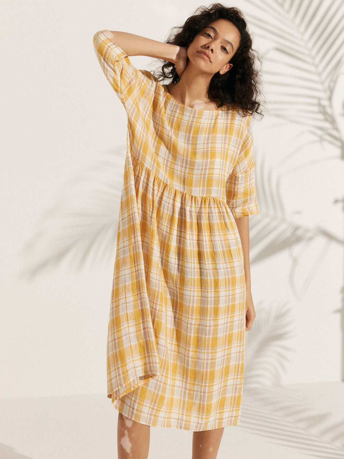 100% Linen Ruched Round-Neck Midi Dress