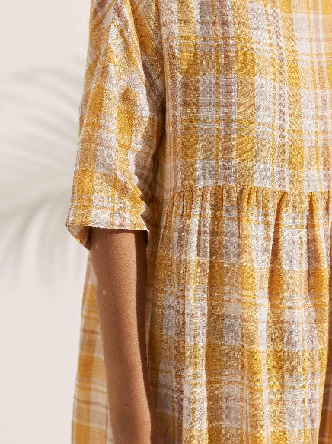 100% Linen Ruched Round-Neck Midi Dress