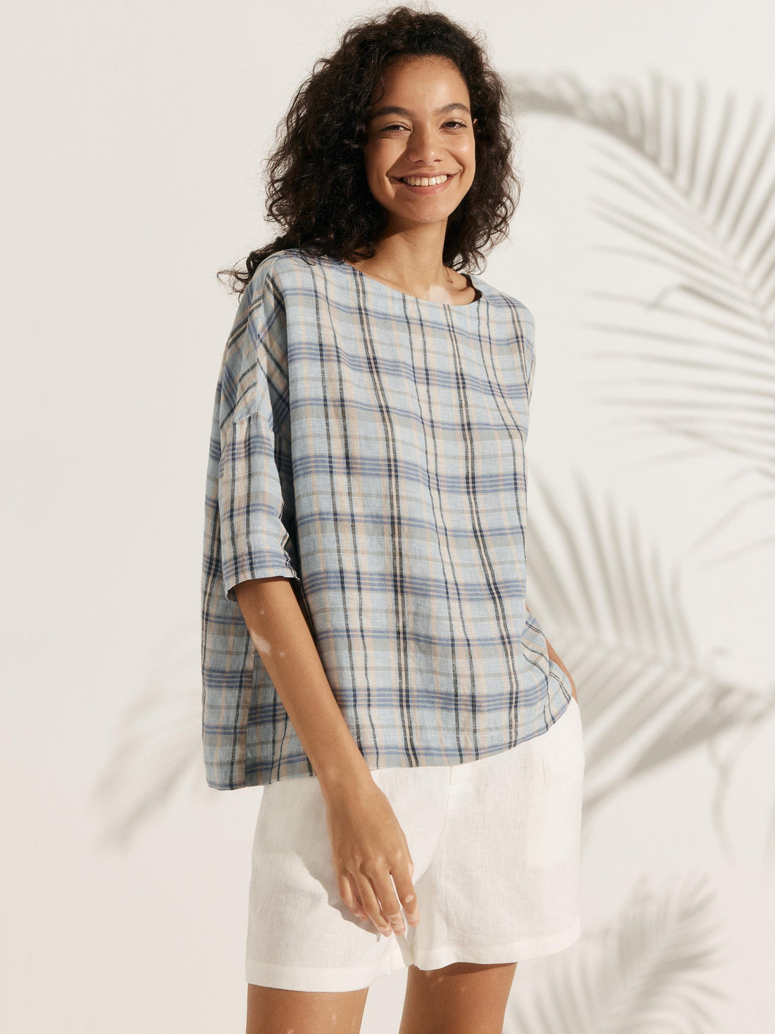 100% Linen Checked Boatneck Half-Sleeve Top