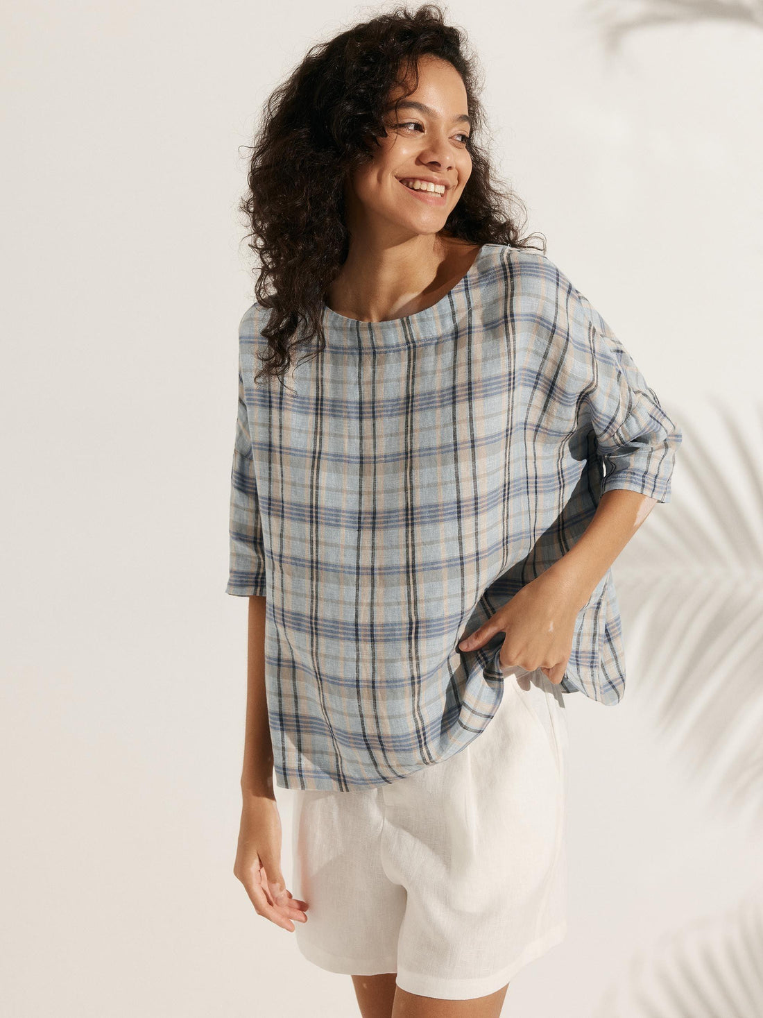 100% Linen Checked Boatneck Half-Sleeve Top