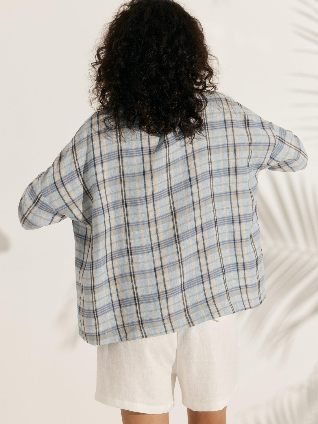 100% Linen Checked Boatneck Half-Sleeve Top