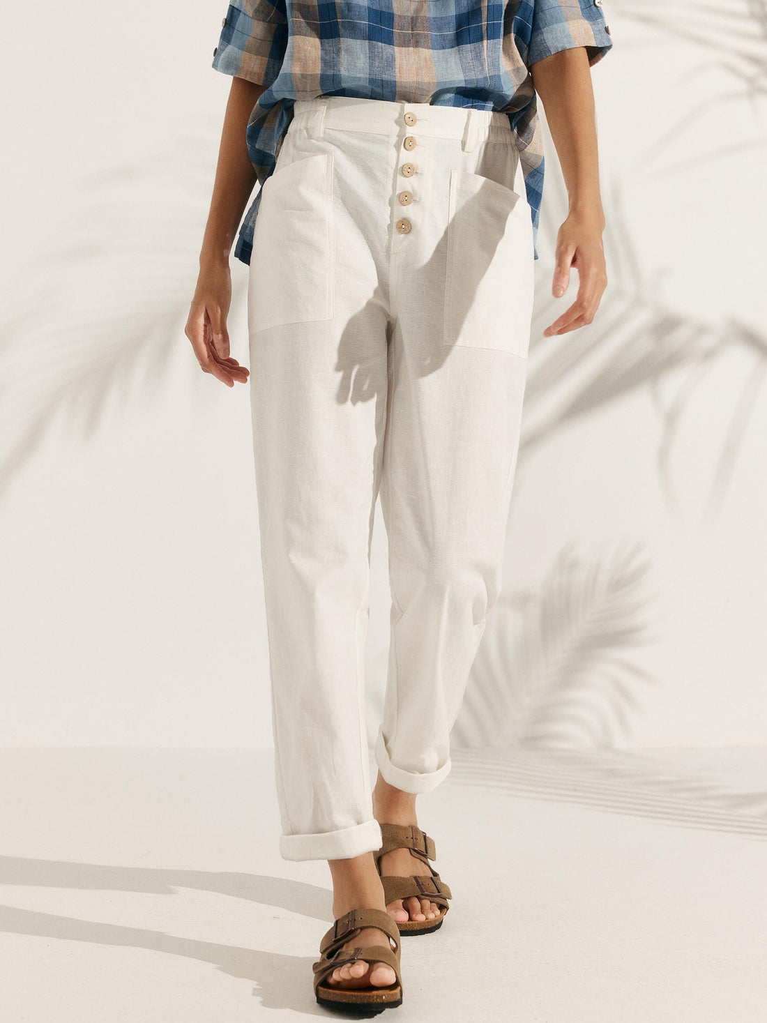 Linen-Blend Patch-Pocket Straight-Leg Trousers