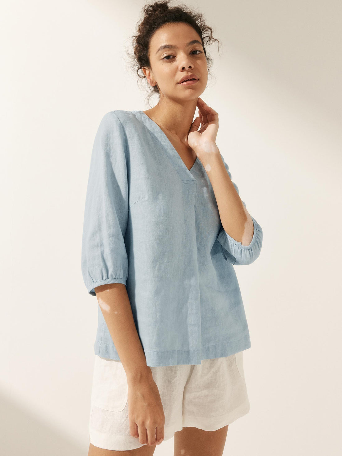 100% Linen Pleated V-Neck Blouse