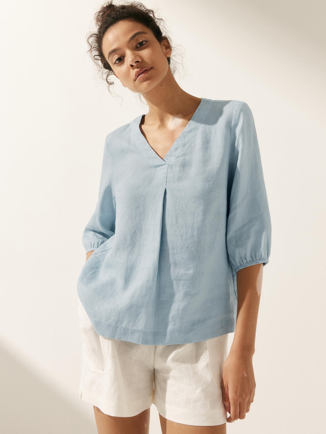 100% Linen Pleated V-Neck Blouse