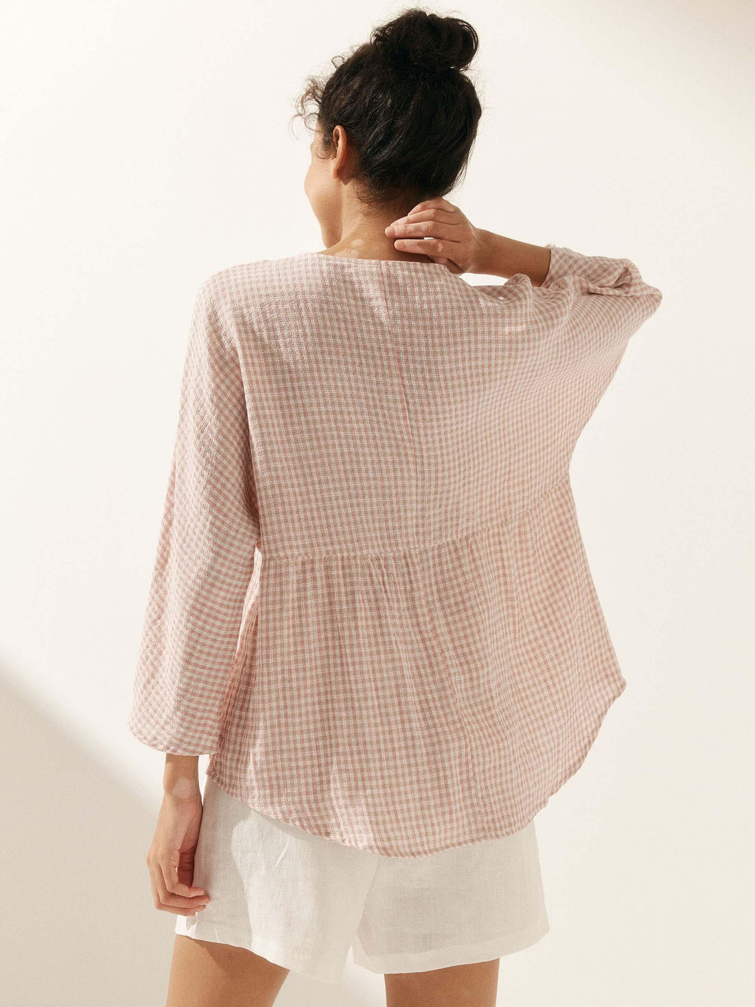 75% Linen Checked Ruched Round Neck Shirt