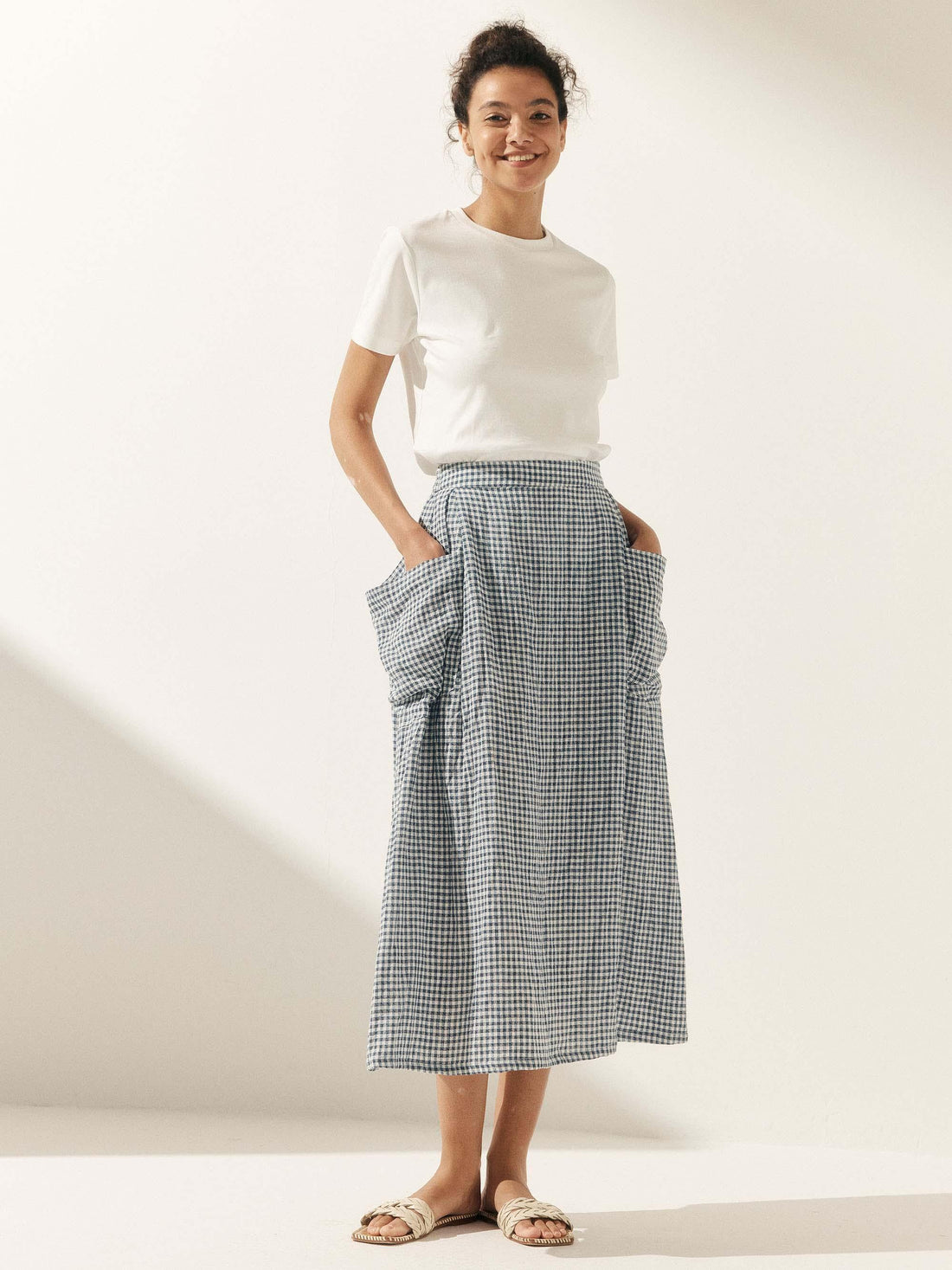 75% Linen A-Line Midi Skirt with Patch Pockets