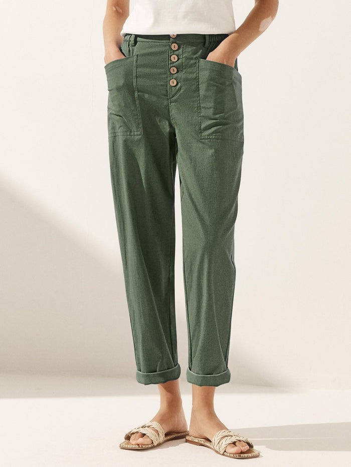 Linen Blend Patch-Pocket Straight-Leg Trousers