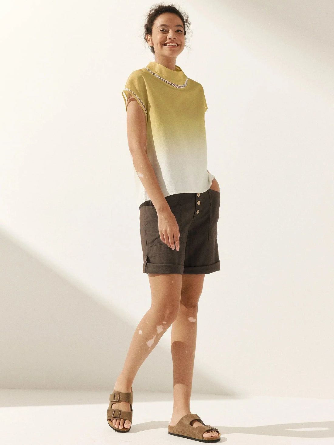 Linen Blend Stand Collar Short Sleeve Blouse