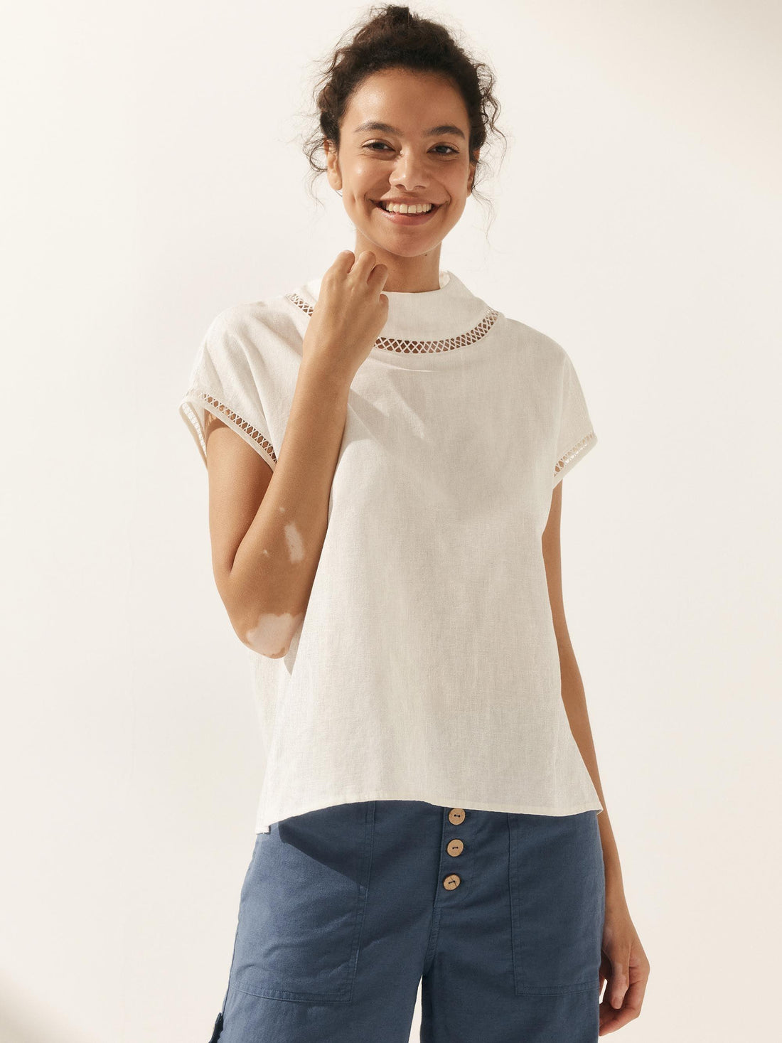 55% Linen Blend Stand Collar Top