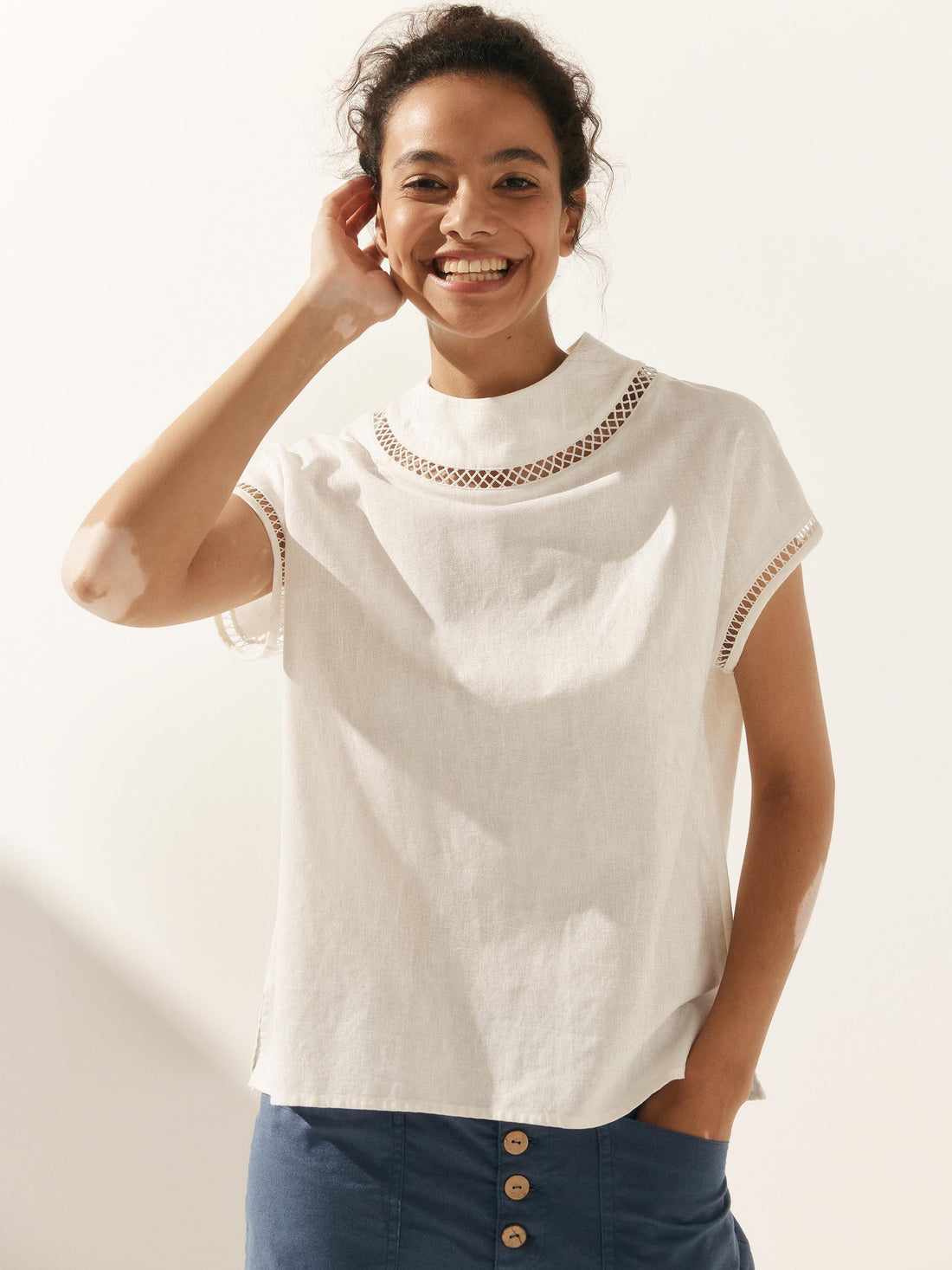 55% Linen Blend Stand Collar Top