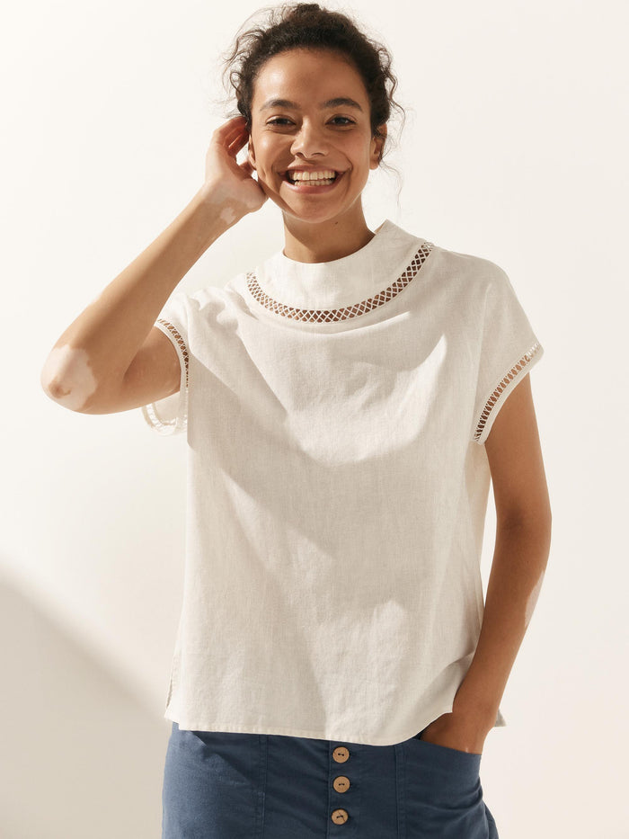 Linen Blend Stand Collar Short Sleeve Blouse