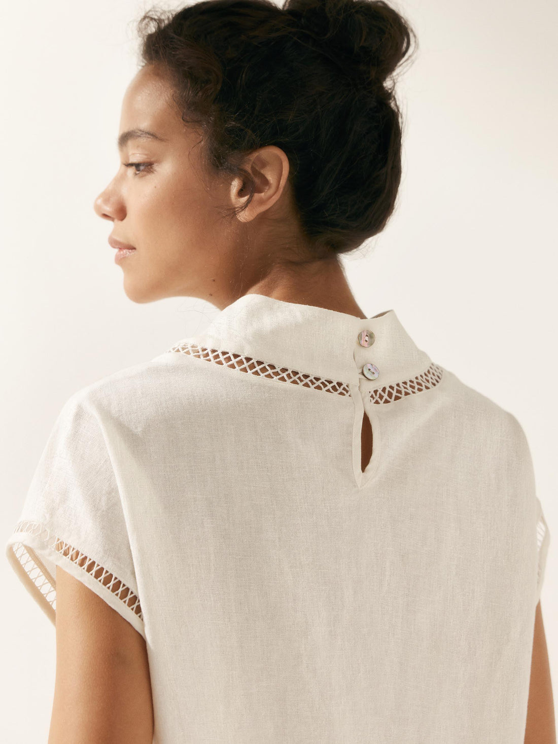 55% Linen Blend Stand Collar Top
