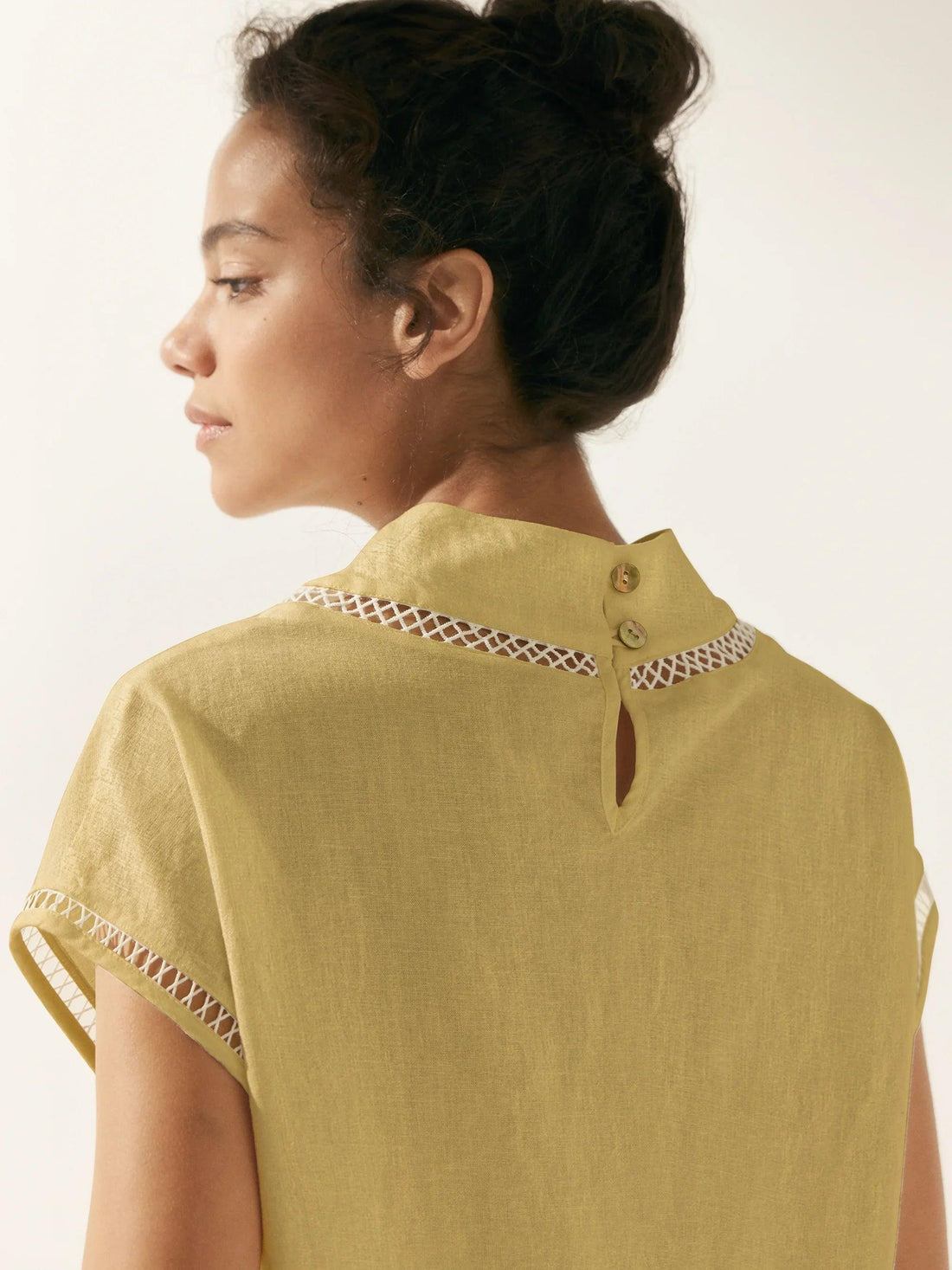 Linen Blend Stand Collar Short Sleeve Blouse