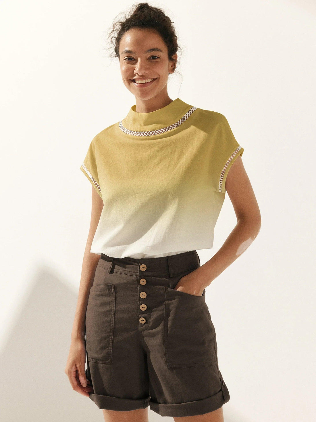 55% Linen Blend Stand Collar Top