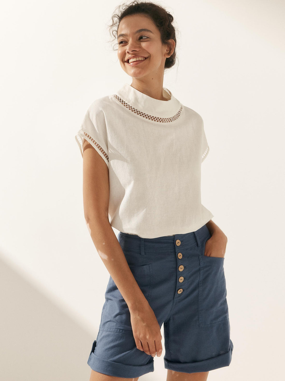 55% Linen Blend Stand Collar Top