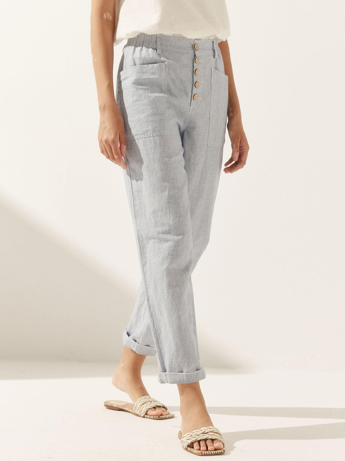 Linen-Blend Patch-Pocket Straight-Leg Trousers