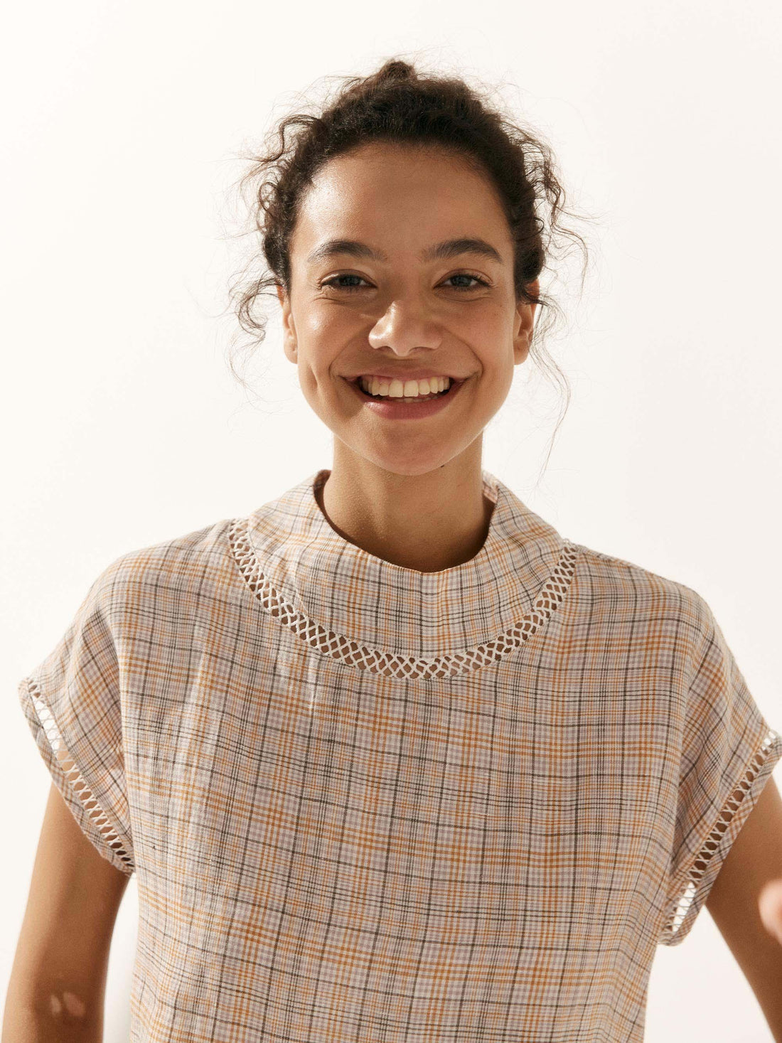 55% Linen Blend Stand Collar Top
