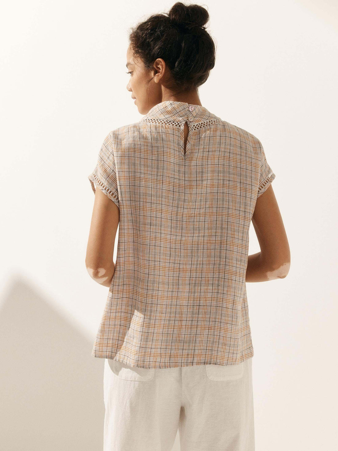 55% Linen Blend Stand Collar Top