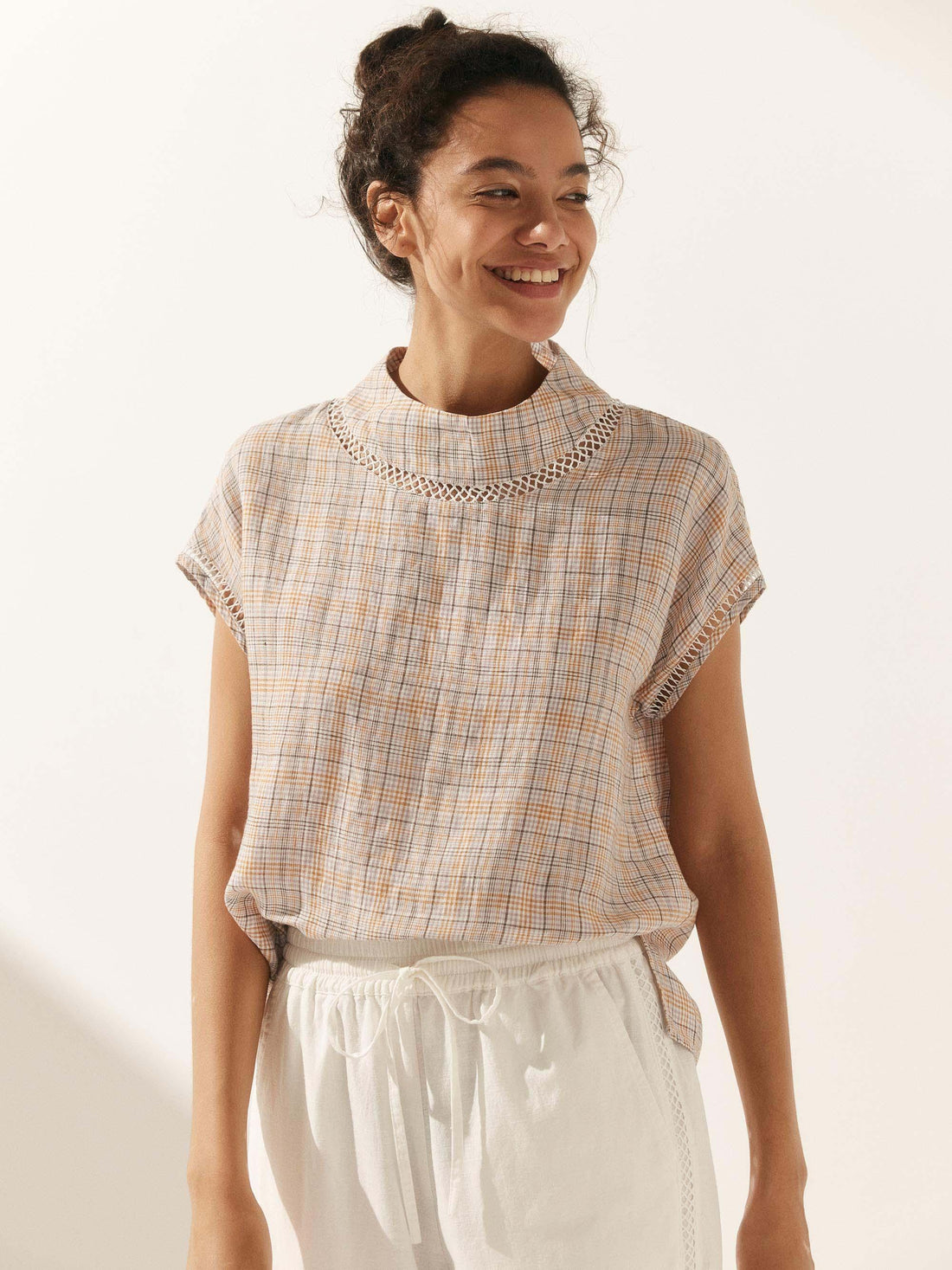 55% Linen Blend Stand Collar Top