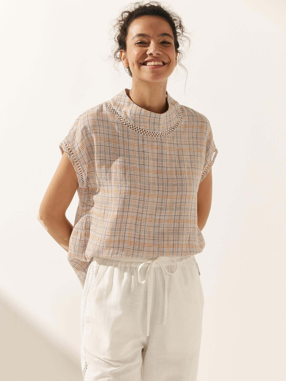Linen Blend Stand Collar Short Sleeve Blouse