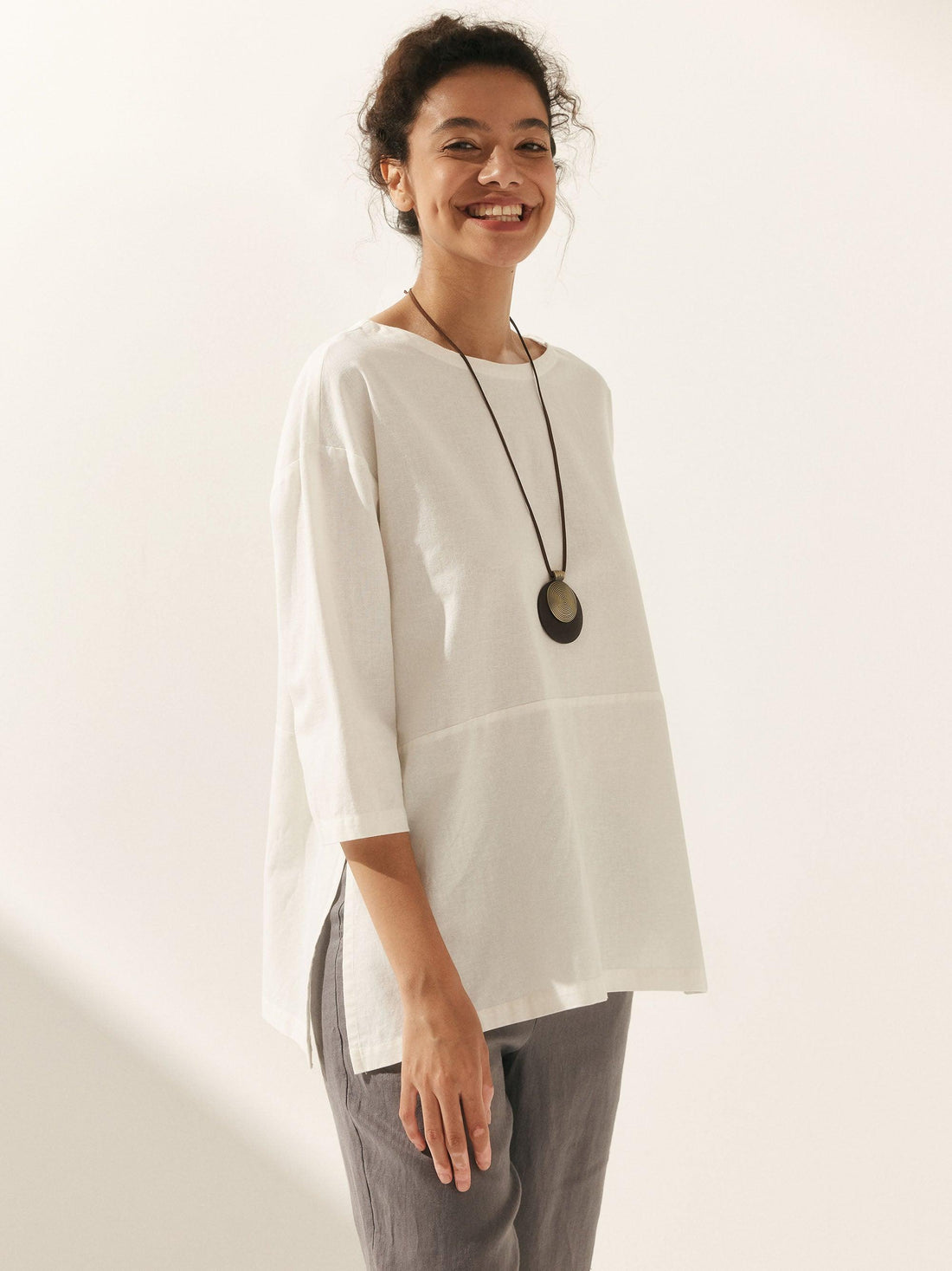 55% Linen Round Neck Straight-Fit Blouse