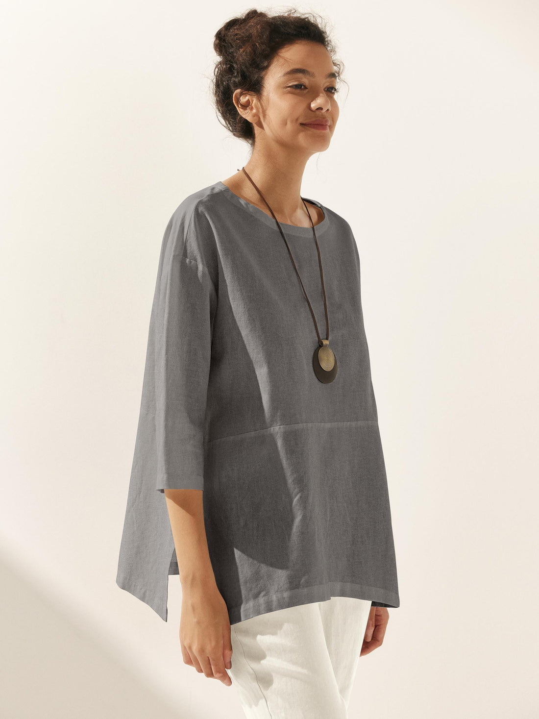 55% Linen Round Neck Straight-Fit Blouse