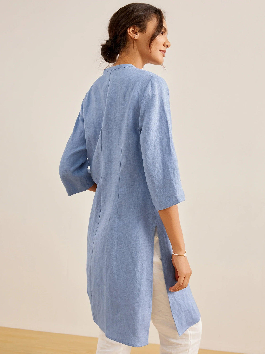 Linen Heavyweight V-Neck Stand Collar Shirt