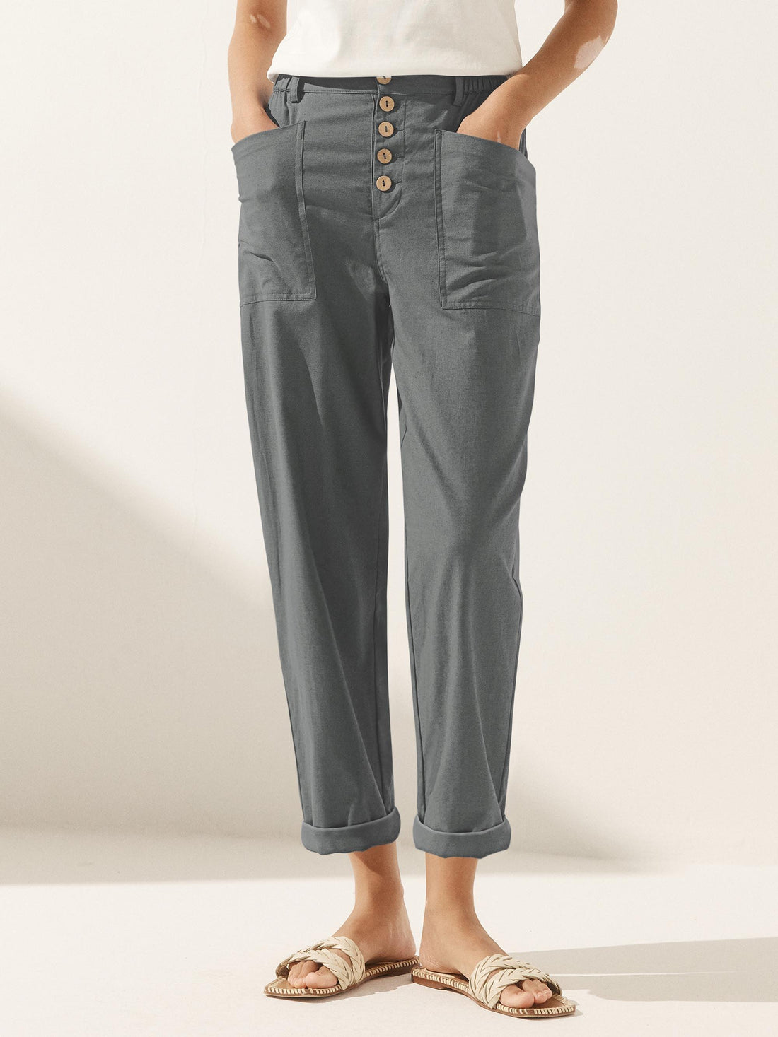 Linen-Blend Patch-Pocket Straight-Leg Trousers