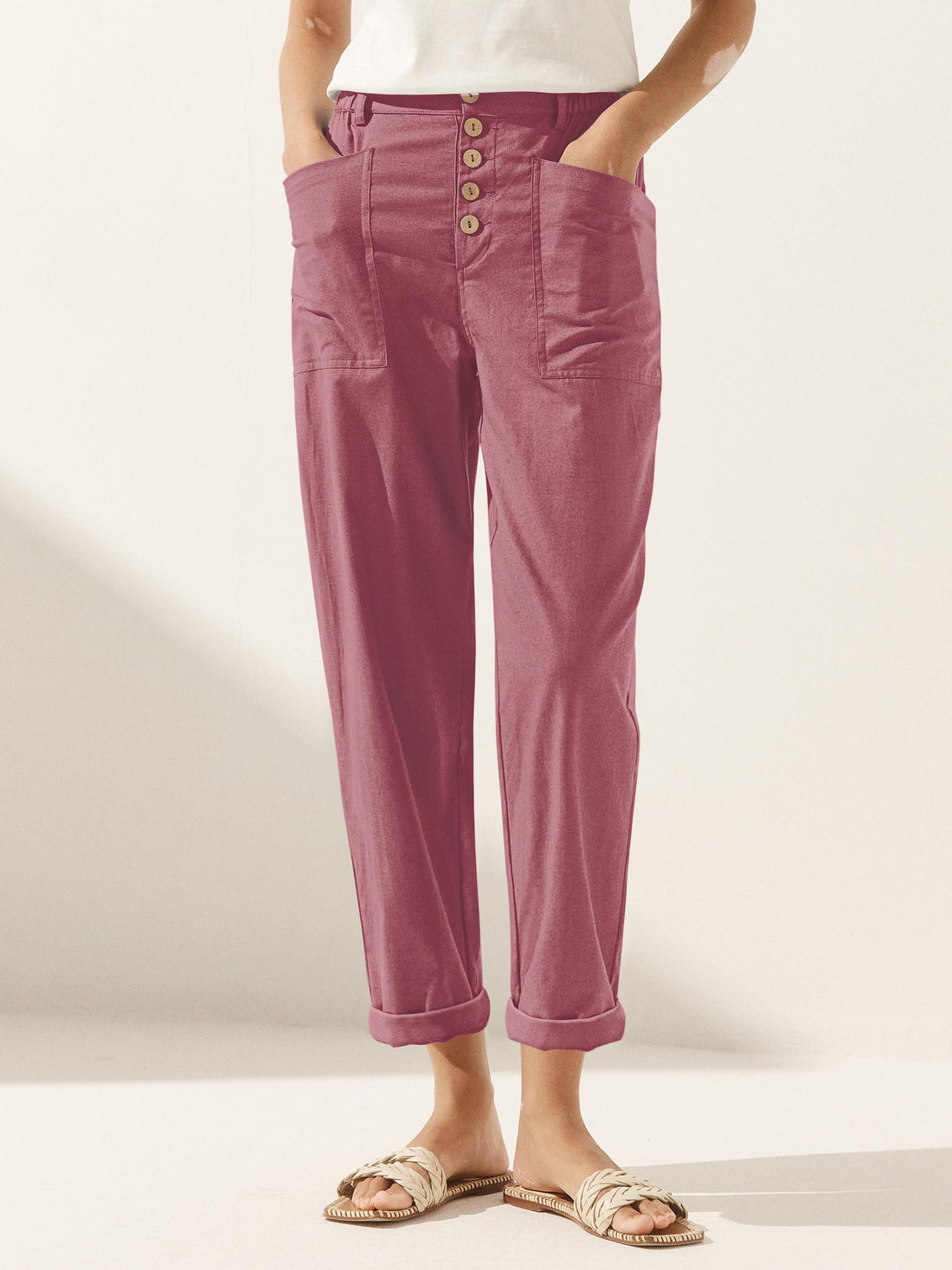 Linen-Blend Patch-Pocket Straight-Leg Trousers