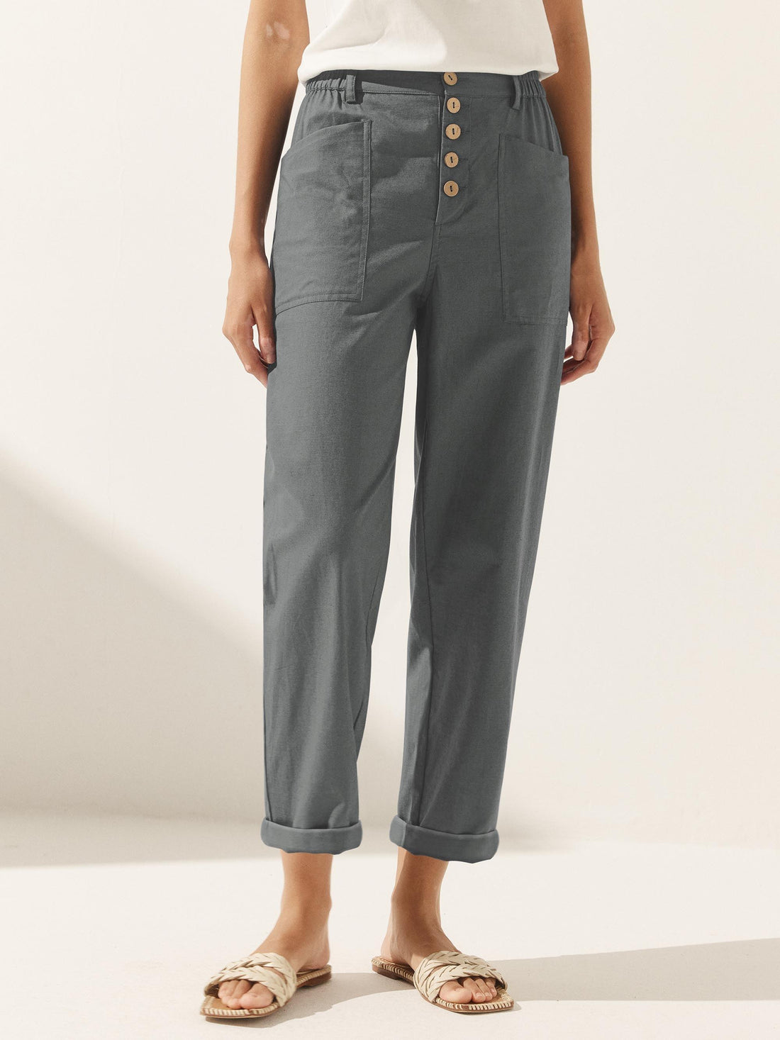 Linen-Blend Patch-Pocket Straight-Leg Trousers