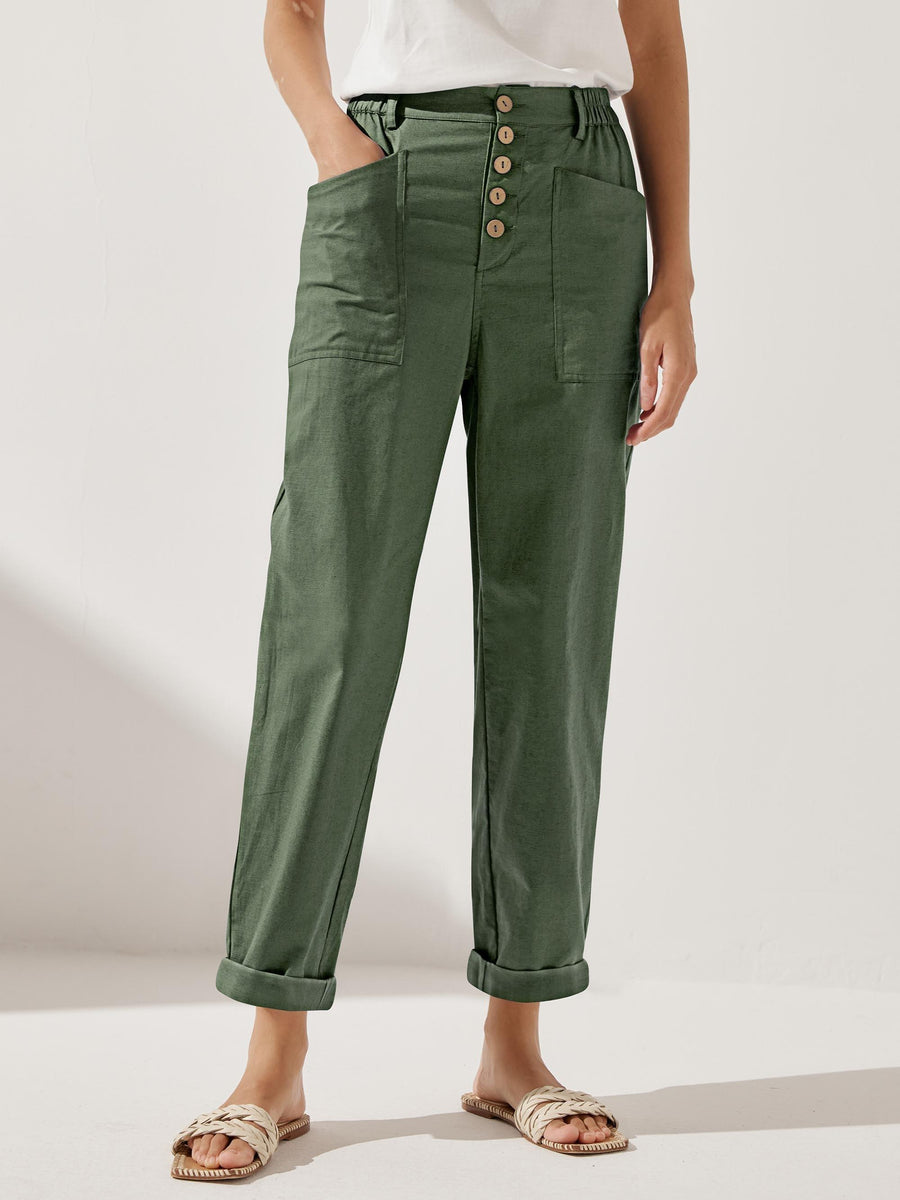 Linen Blend Patch-Pocket Straight-Leg Trousers