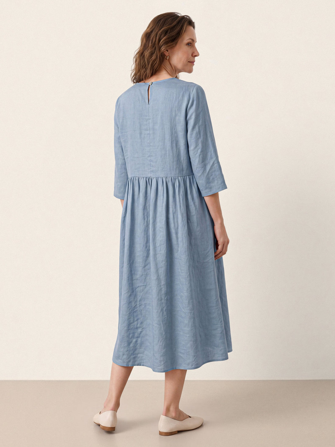 100% Linen Pleated Midi Dress with Hidden Pockets